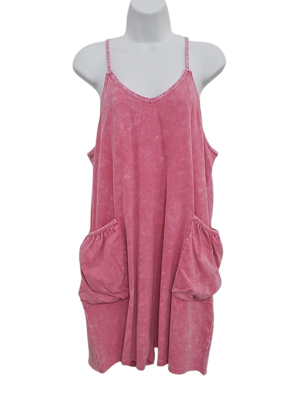 Zenana Red Washed Tank Romper Dress Size L Cotton Pockets New